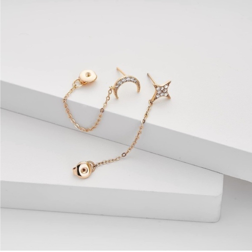 GOLD 14k Gold Plated Cubic Zirconia Star & Moon Linked Chain Earring Set